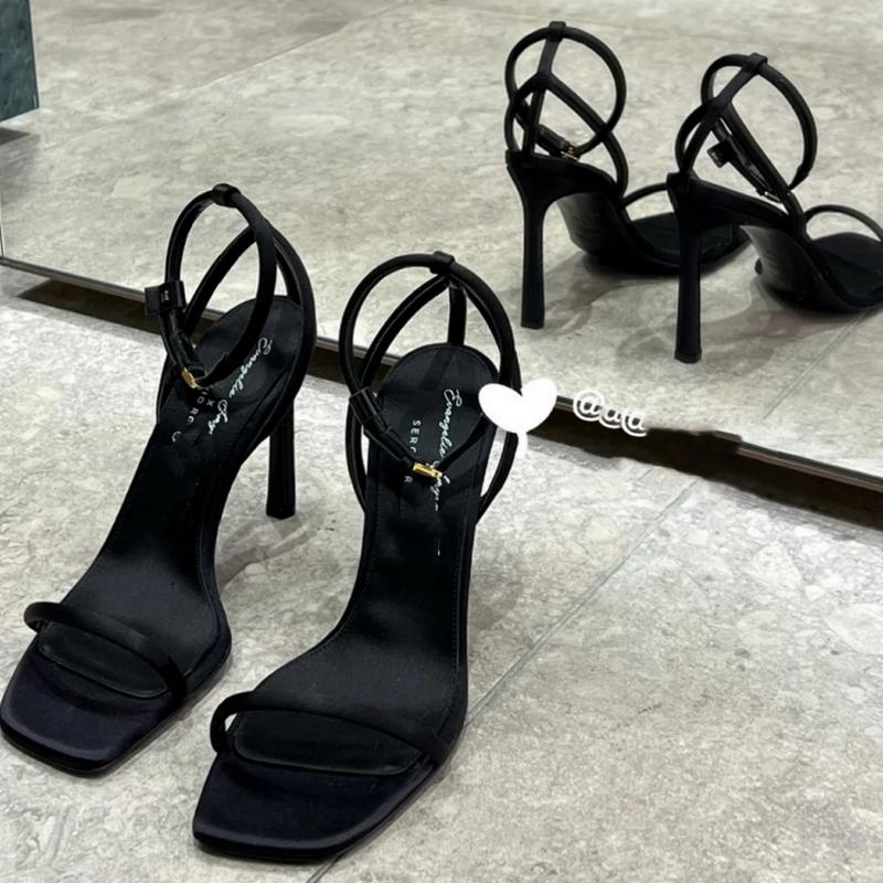 Fashion FHC New Women High Heels Sandals,Square Toe Summer Shoes,Ankle Buckle Strap,French Style,Size 35-39,Black,Dropship
