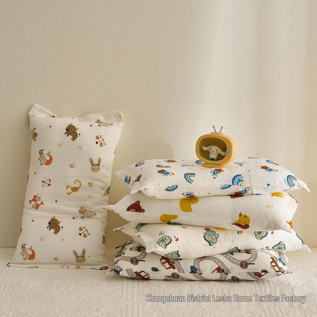 Class A Cartoon Crinkle Gauze Pillowcase Set - 100% Cotton for Kids, 2-Piece Set