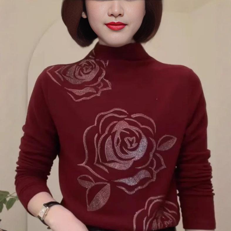 Autumn/Winter Rose Rhinestone Fleece Stand-Up Collar Long Sleeve Warm Top for Middle-Aged and Elderly Women