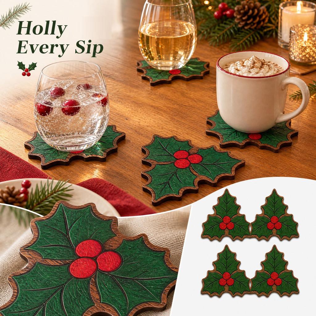 Christmas Holly Leaf Wooden Set of 4 for Holiday Dining Table Decorations