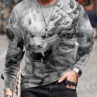 Stampa 3d drago, T-shirt novità a maniche lunghe da uomo, T-shirt eleganti per l'autunno, Abbigliamento da uomo