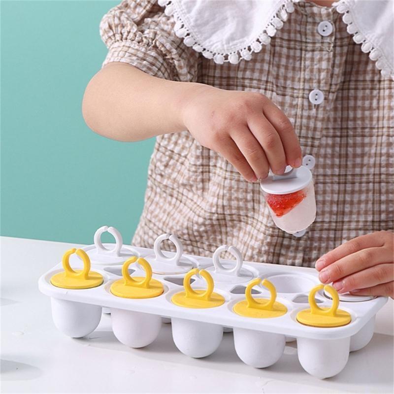 QX2E 10 Cavity Ice Lollys Mould Easy Release Ice Cream Molds with Ring Plastic