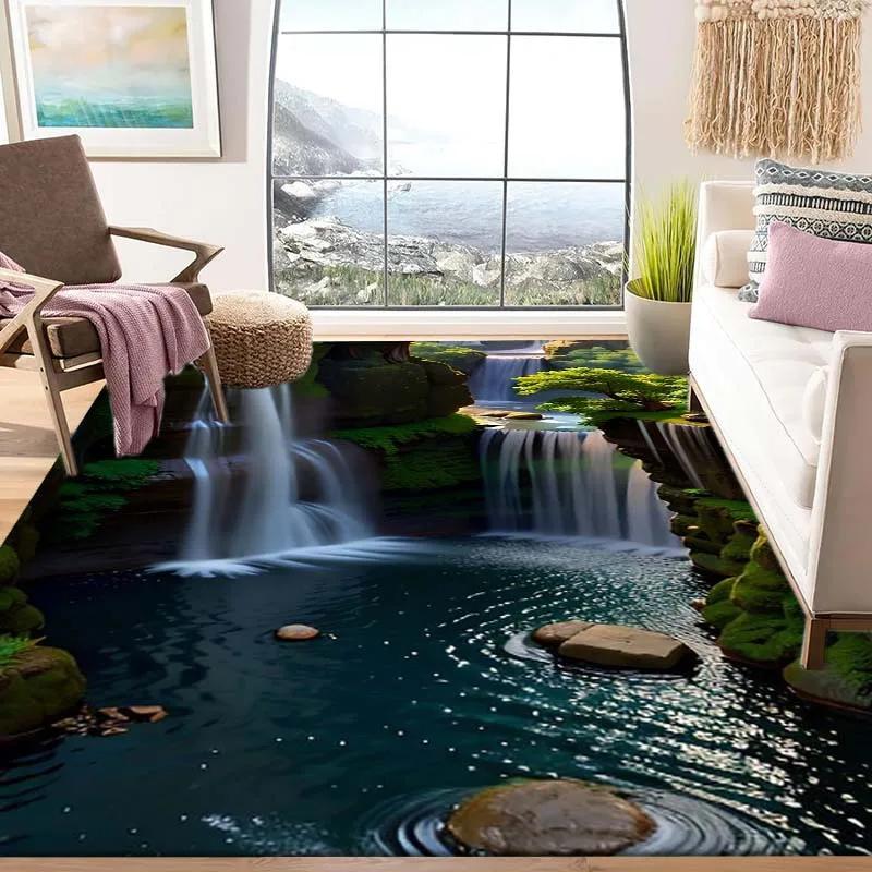 3D Wasserfall-Landschaft Teppich Stufe Natur Fußmatte Rutschfest Realistischer Teppich für Wohnzimmer Schlafzimmer Flur Kreative Heimdekoration