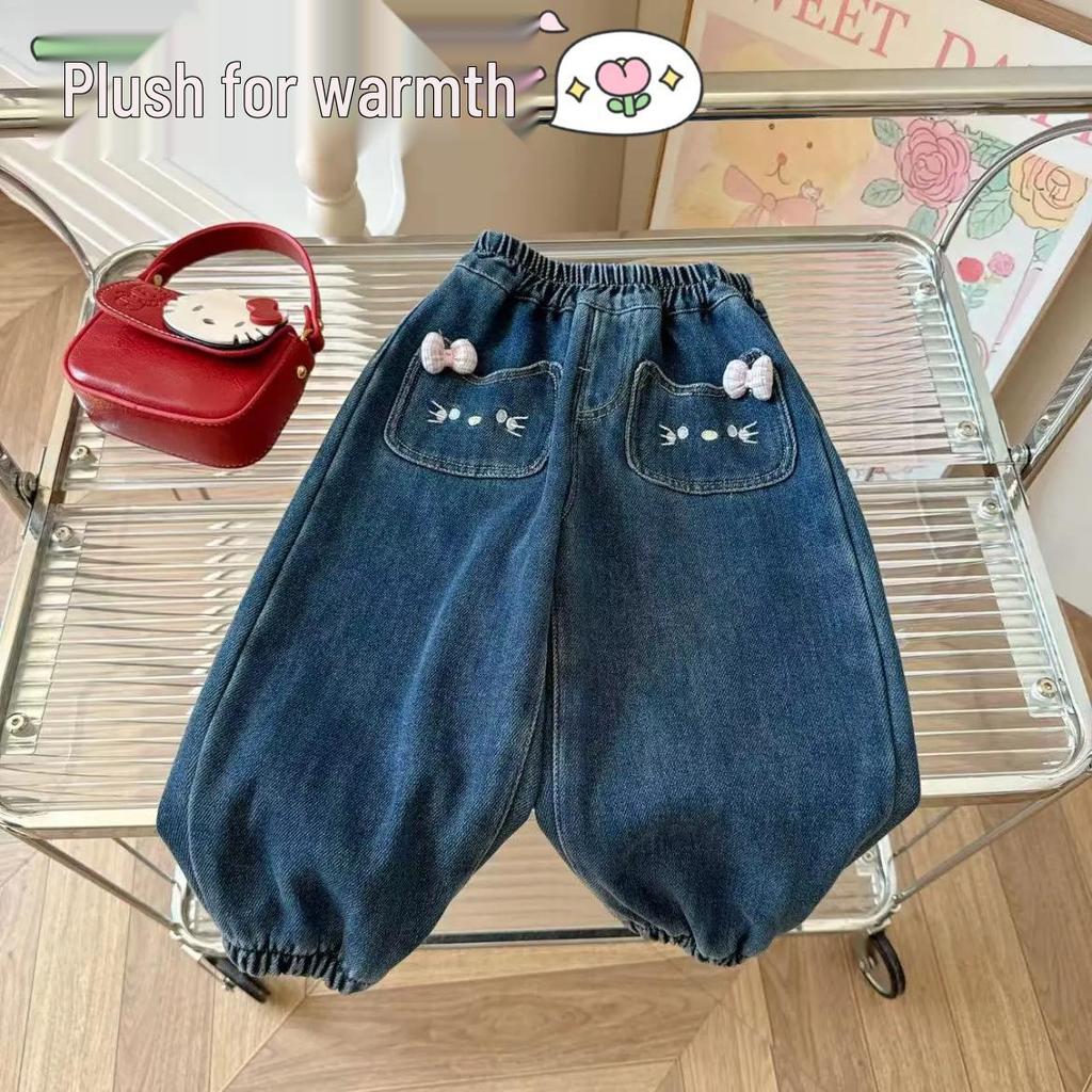 Winter 2025 Girls' Embroidered Velvet Jeans: Stylish, Versatile, Cute Long Baby Pants