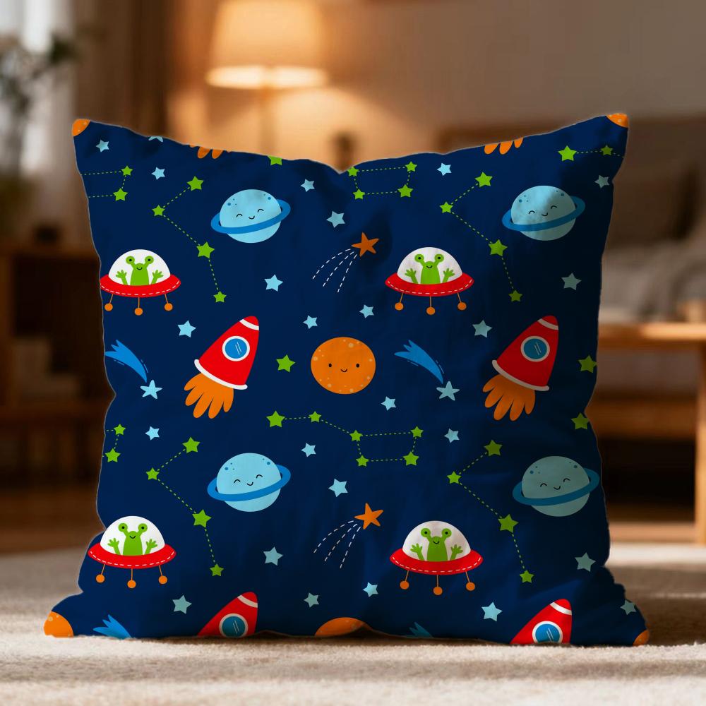 Fashion O-Oouter Space Cartooned Cushion Cover Soft Washable Pillow Case Multi-Scene for Couch Bed Travel Office Use