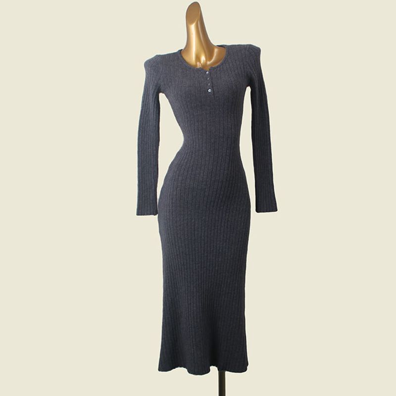 

Dark Gray Sunken Stripe Knitted Base Dress Women Autumn and Winter Inner wear New Winter Skirt Slim fit Waist Hugging Temperament Long dress Grey (good quality thick Heattech) All yards