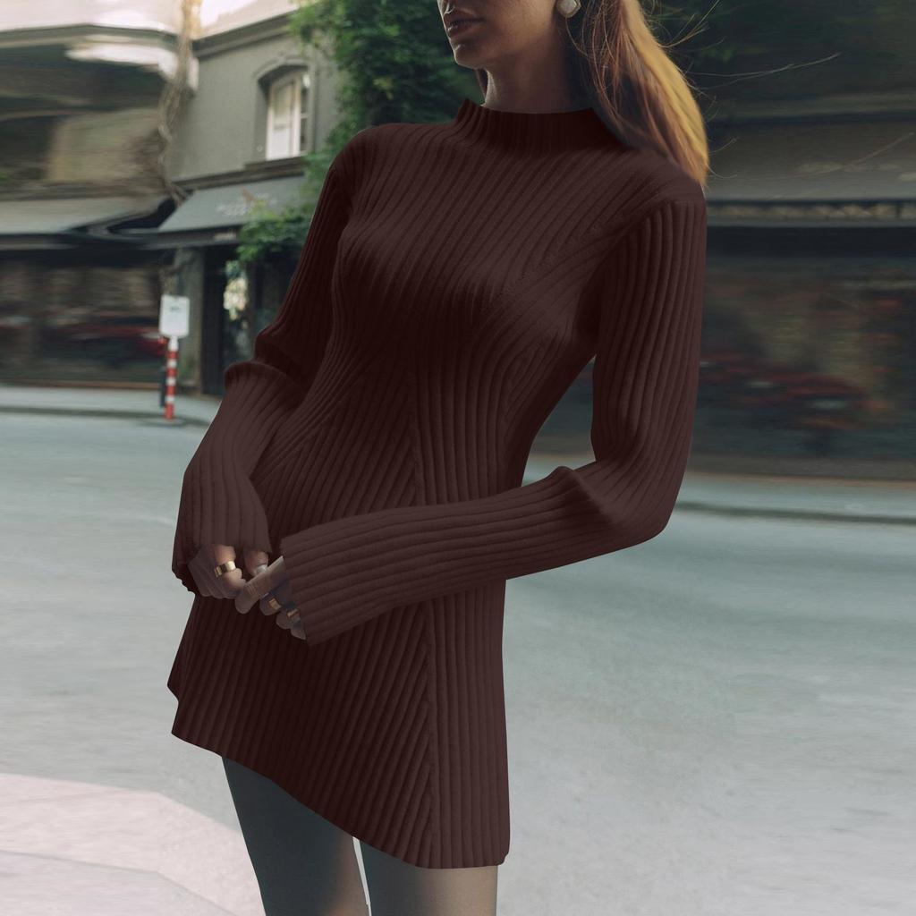 Dámské jednobarevné temperované šaty s volným svetrem a kulatým výstřihem