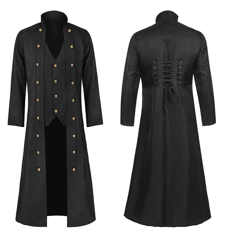 

Vintage Medieval Style Solid Color Long Sleeve Stand Collar Three-Button Men s Coat with Crossed Tie Waist Long Version Black Waistcoat M