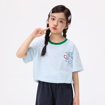 Xiaoyinman Girls' Contrast Collar Striped Heart Print Short-Sleeve T-Shirt