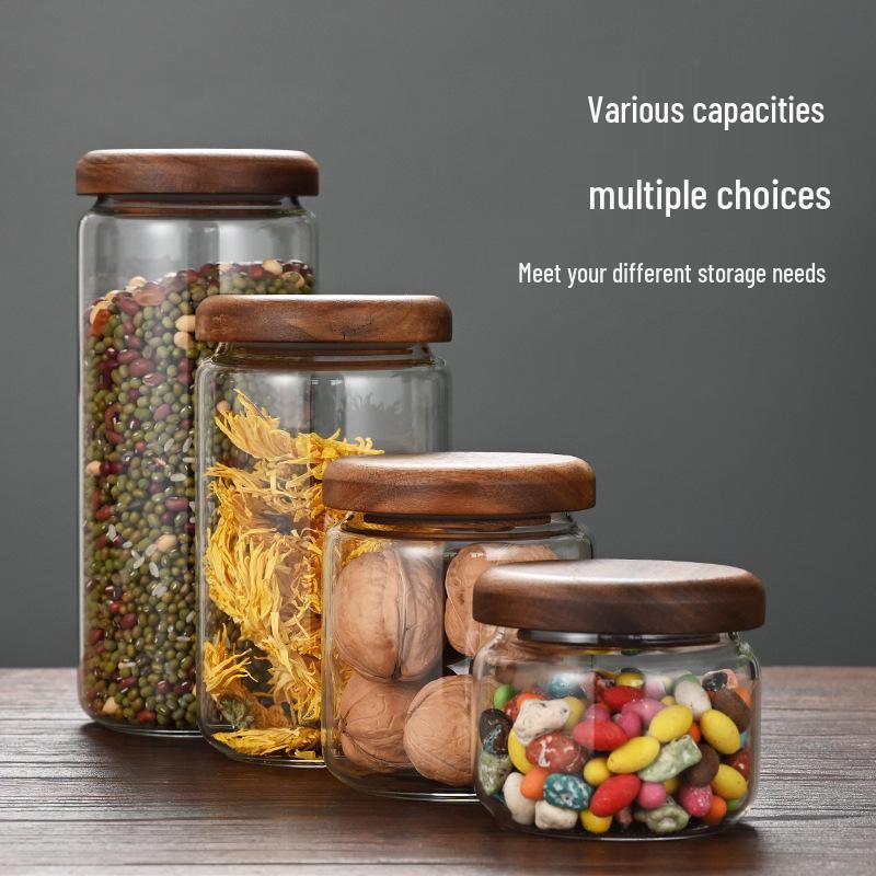 Acacia Wood Lid Borosilicate Glass Folding Storage Jar - Sealed Kitchen Jar
