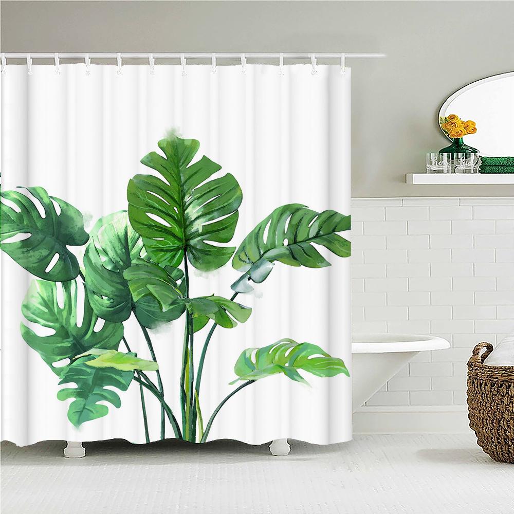 Waterproof Fabric Shower Curtain Printing Fresh Green Plant Leaves Bathroom Curtains Polyester Decoration Bath Screen with Hooks