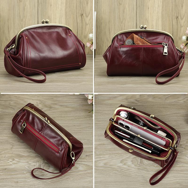 Wrist-Strap Women's Makeup Bag: Cowhide, Double Metal Hinge, Trendy & Fashionable