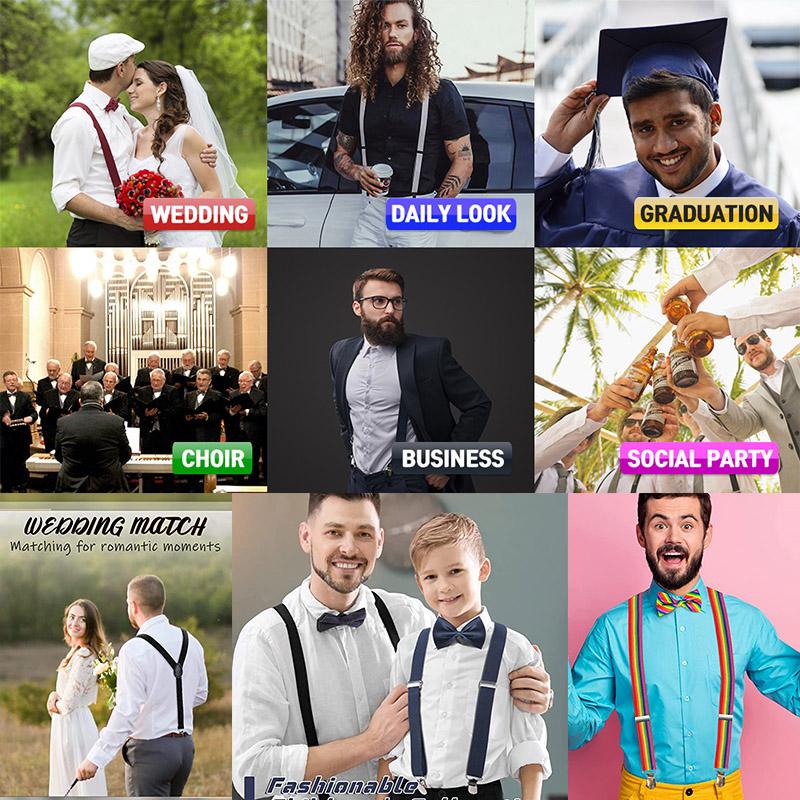 Unisex Bow Tie & Suspenders Set, 3 Clips Adjustable Elastic Braces for Casual & Formal Occasions