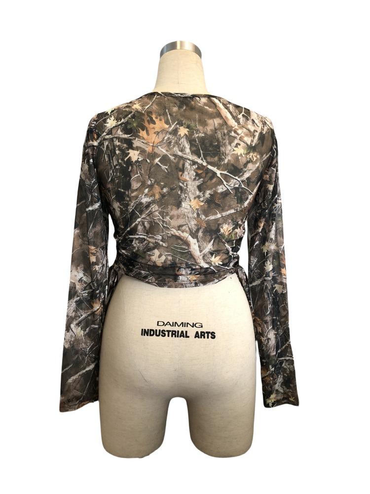 Frühlings Damen Mesh Baumzweig Druck Seitenkordelzug Slim Kurzarm T-Shirt Tops Damen Vielseitige Schrank-Essentials Modeartikel Shirt