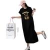 Fun Cartoon Short-sleeved T-shirt Dress for Women, Slimming Long Dress, Knee-length Dress
