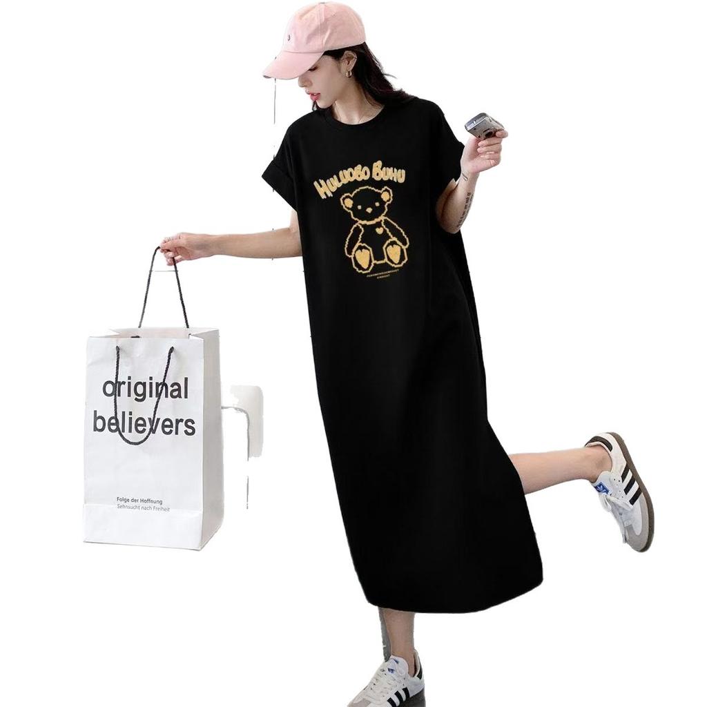 Fun Cartoon Short-sleeved T-shirt Dress for Women, Slimming Long Dress, Knee-length Dress