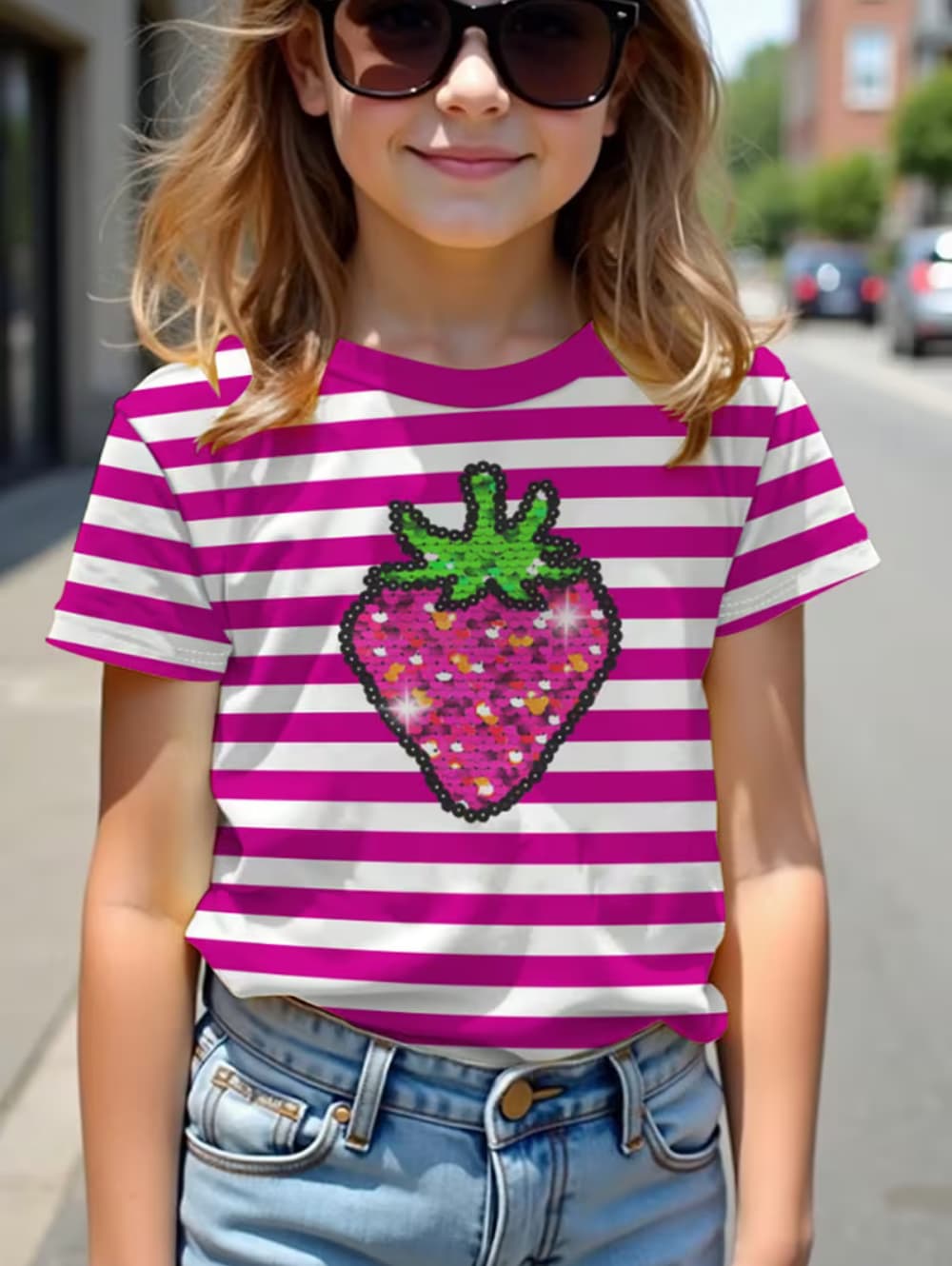 Girls Casual Striped 3D Print T-Shirt, Summer Short-Sleeve Round Neck Loose Top 100
