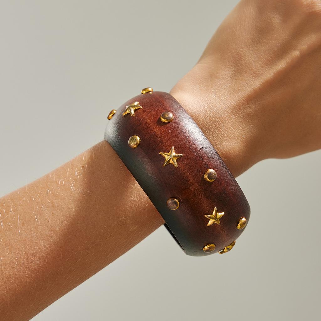 Retro Fashion Five-pointed Star Rivet Wooden Bracelet Bangles Y2k Punk Style Geometric Vintage Bangle Jewelry Fashion Hiphop Grunge Pulseras Mujer