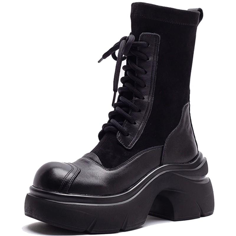 

Модные GKTINOO Осенне-зимние ботинки из натуральной кожи для женщин, обувь на толстой подошве, на высоком каблуке, полусапоги-стрейч до середины икры, женские туфли на шнуровке 40