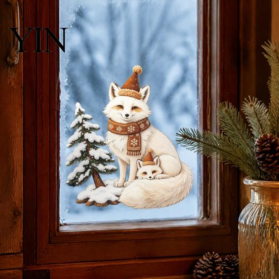 Winter Holiday Decorations Christmas Fox Window Clings, Forest Animal Double-Side Sticker, Decorative Fridge Decals Cute Reusable Static Glass