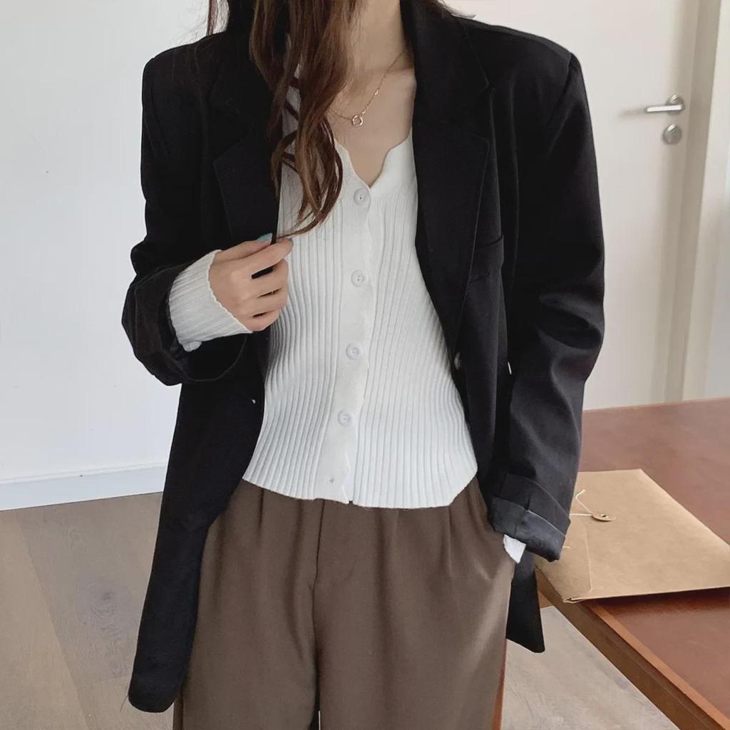 Autumn Korean V-Neck Slim Fit Core-Spun Yarn Cardigan Sweater for Women