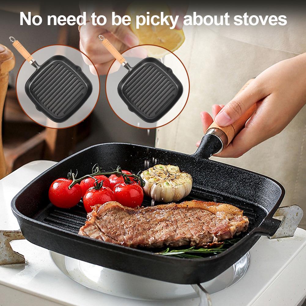 Parrilla de hierro fundido antiadherente de 9,25 pulgadas con mango de madera para cocinar en interiores y exteriores.