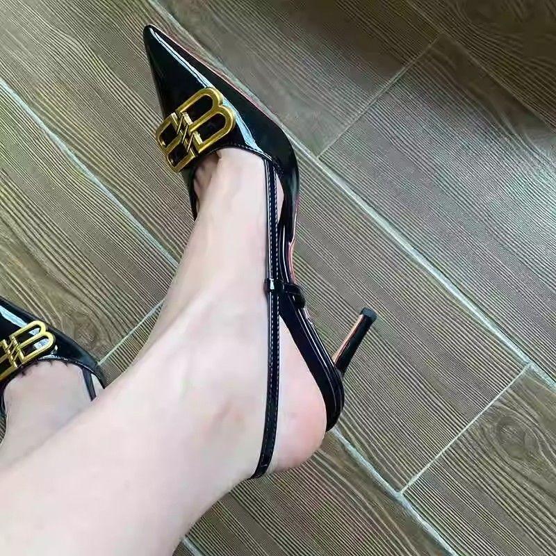 Elegant design black high heels cut men's BB buckle pointed head thin heel bag head sandals royal sister sexy celebrity style