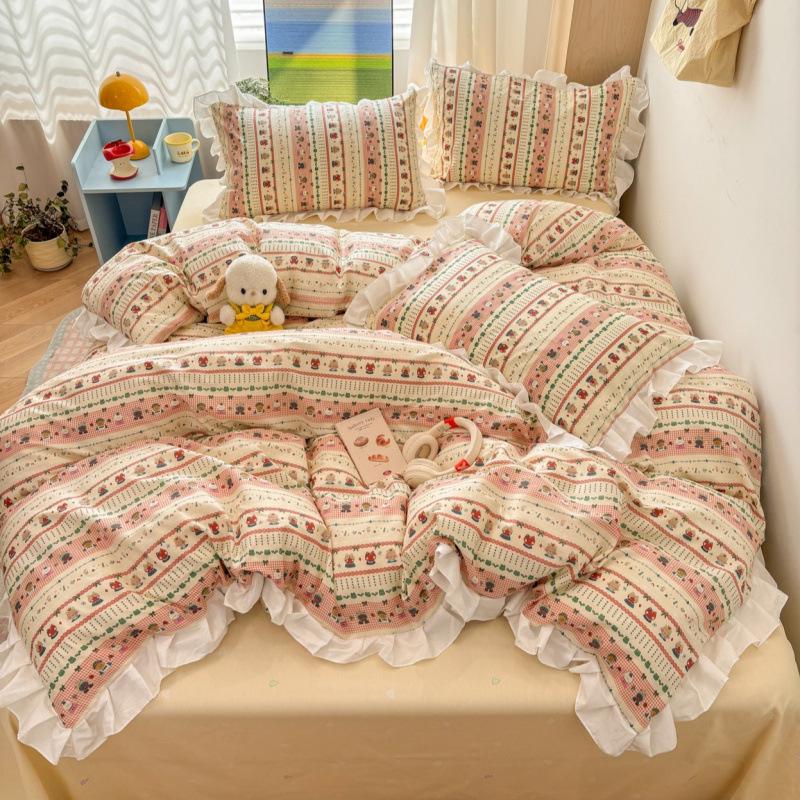 2026 Princess Style Cotton Lace Student Bedding Set - 4 Pieces