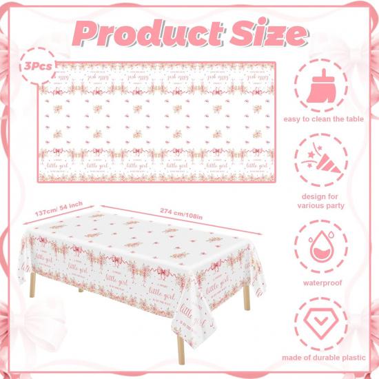 MEHOFOND 3 Pcs Pink Bow Baby Shower Table Cloth, Floral Coquette Sweet Girl Baby Shower Party Disposable Tablecloths Decorations, 108 x 54 Inch