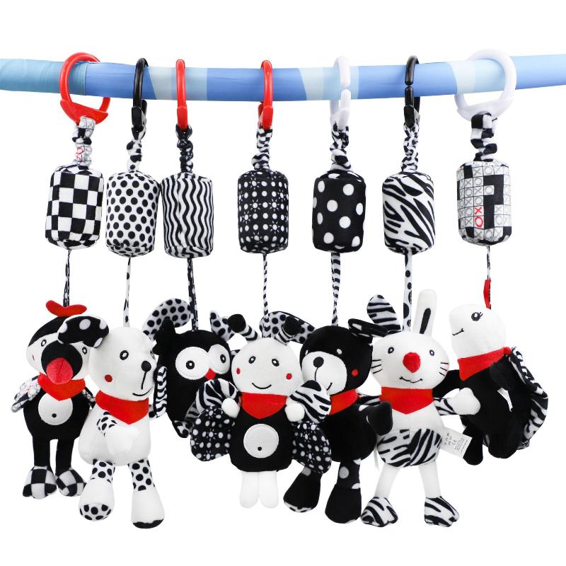 Baby Sensory Hanging Rattles Toy Black White Animals Stroller Infant Bed Wind Chimes 0-12 Months Infant Rattle Educational Toy