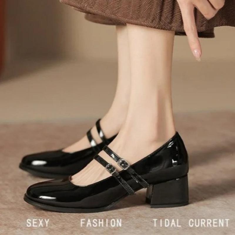 Fashion Women's Shoes Quality Patent Leather Thick Heel Shallow Mouth Single Shoes Mary Jane Shoes Square Toe Design Dress Pumps