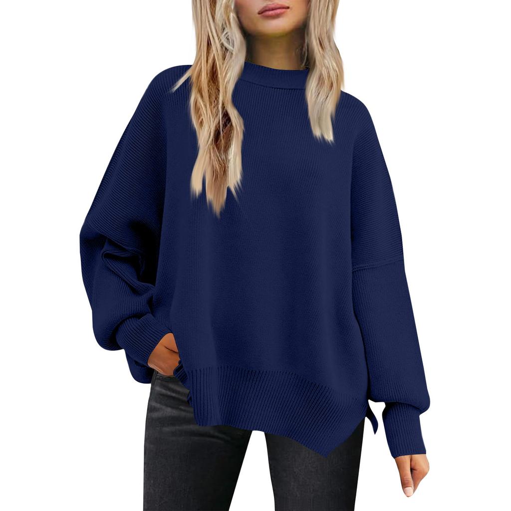 Women's Fashion Round Neck Long Sleeve Sweater Knitted Side Slit Pullover