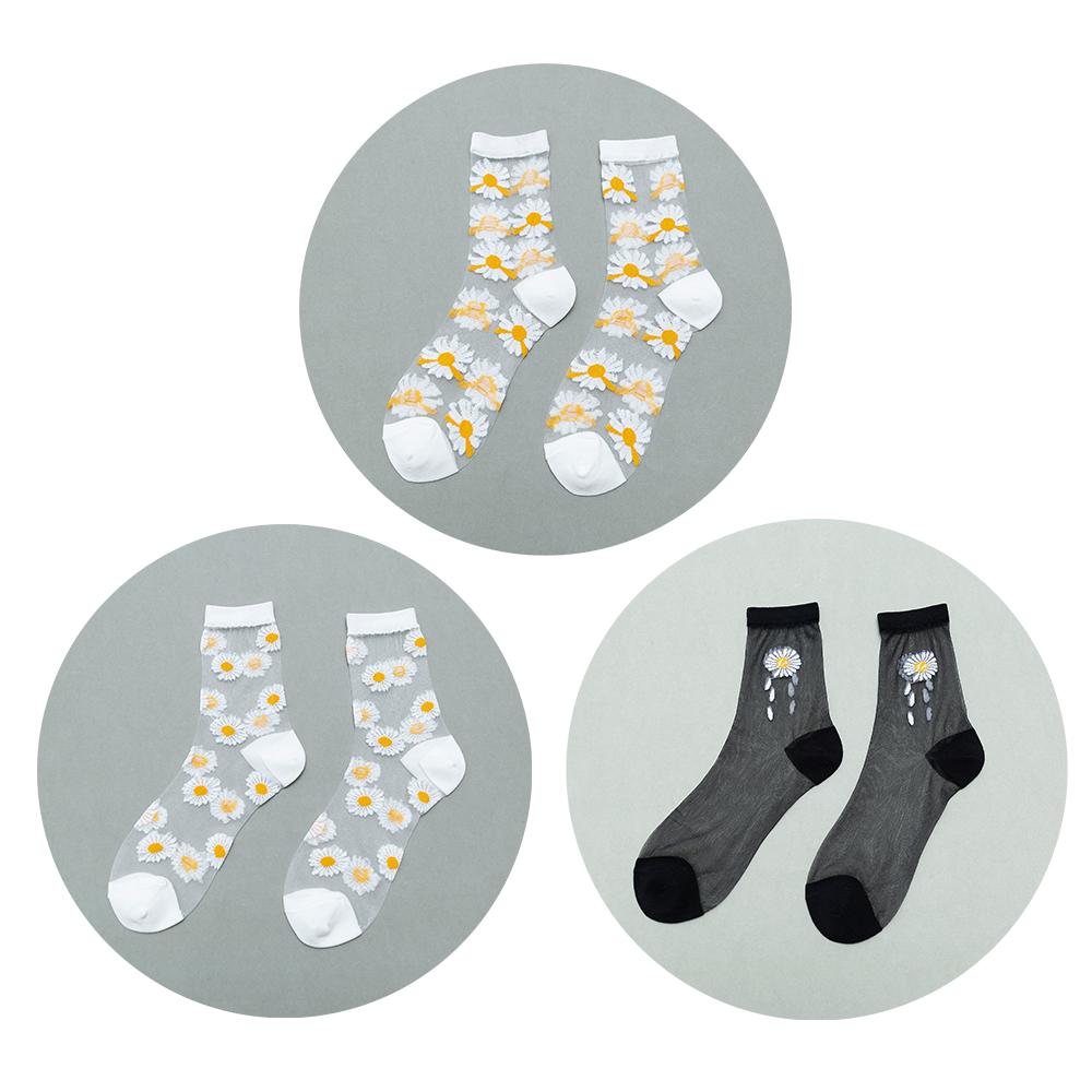 3 Pairs Of Women's Flower Socks Summer Crystal Glass Stockings Medium Short Tube Thin Transparent Daisy  Jacquard Elastic  Socks