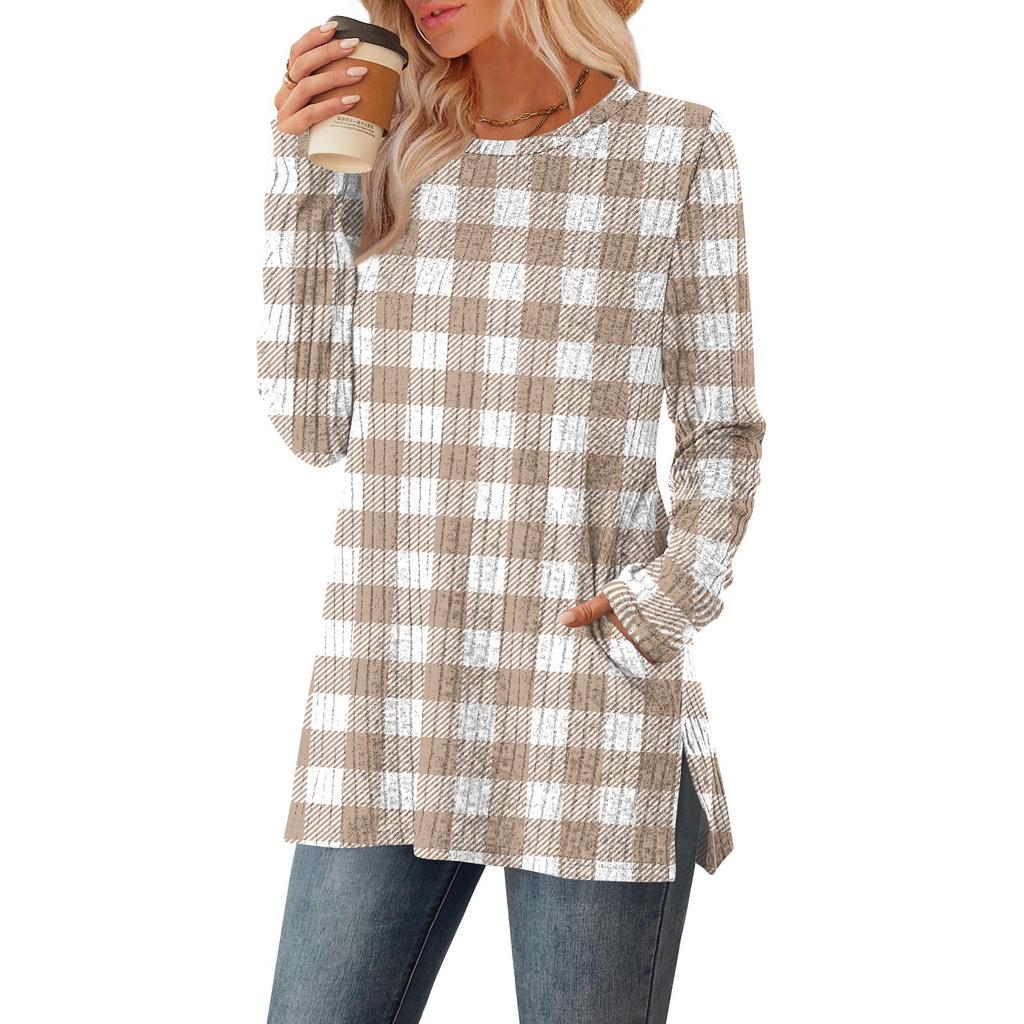 Women's Checkered Printed Round-neck Long-sleeved Top With Pockets And Side Slits
