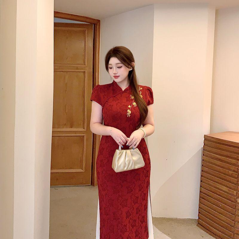 Plus-Size Women s Clothing, New Chinese-Style Improved Cheongsam, Red Slimming Toast Dress, Formal Dress, Dress Red [Short-Sleeved Version] L