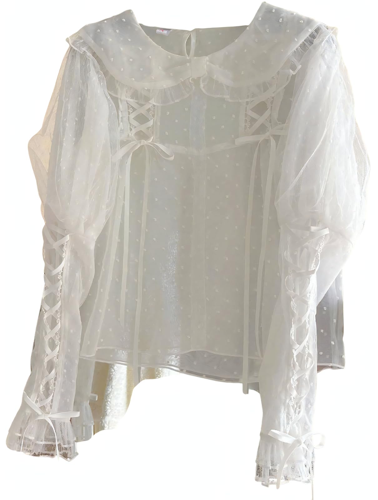 

Блузка с длинным рукавом в стиле Лолита, рукав-фонарик, косплей, лента, круглый воротник, кружево [Lady Lazy] (белый)