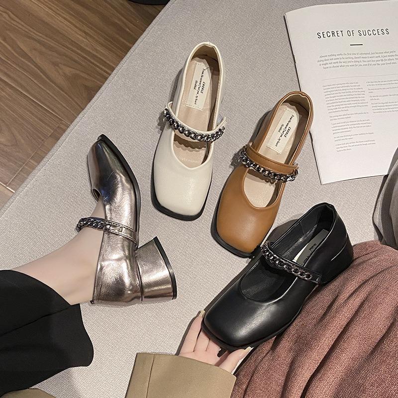 High-end Niche Chain Brown Mary Jane Shoes Fairy Spring Fairy Temperament Square Head Small Leather Shoes Evening Shoes