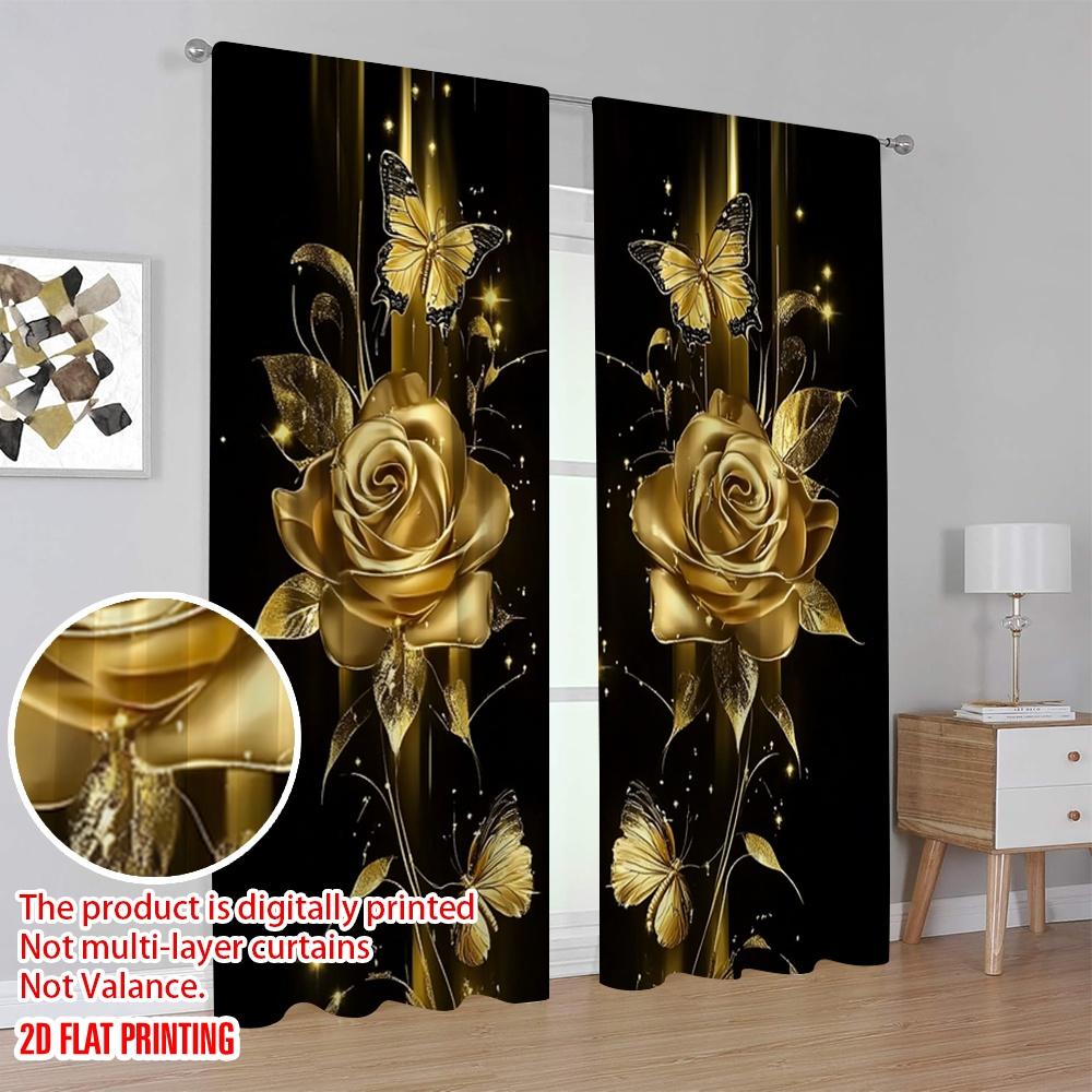 2Pcs 2D Flat PrintingLuxurious Rose Golden Floral And Butterfly Printed Curtain Suitable For Living Room Dining Room Kitchen