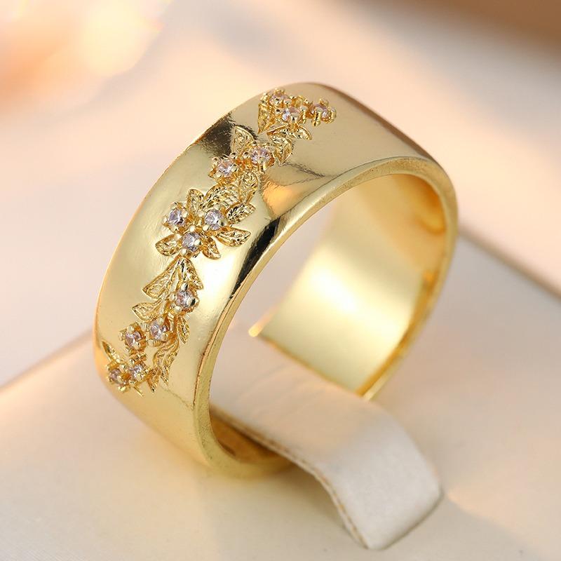Ästhetischer eingelegter weißer Zirkonia-Blumenring für Damen, trendige Goldfarbe, handgeschnitzt, für den täglichen Gebrauch, Party-Schmuck, Jubiläumsgeschenk 7 beige
