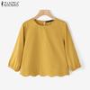 ZANZEA Womens Casual Round Neck 3/4 Sleeve Solid Color Loose Blouse