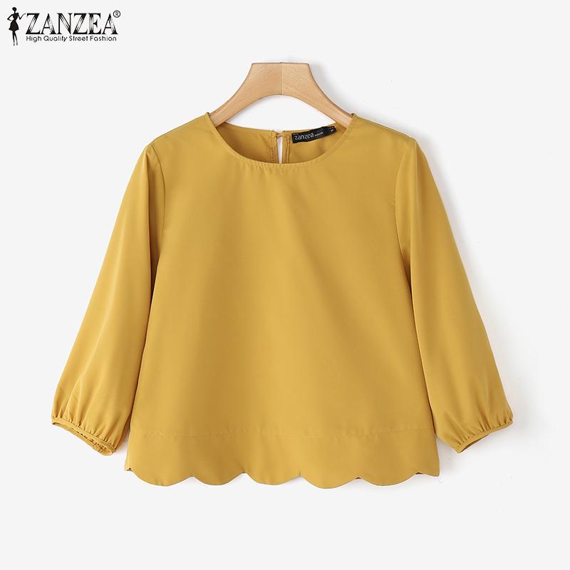 ZANZEA Womens Casual Round Neck 3/4 Sleeve Solid Color Loose Blouse
