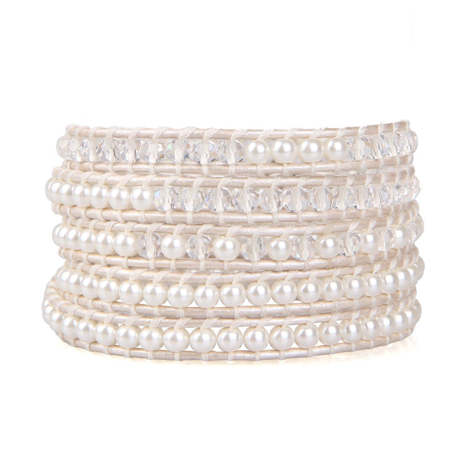 KELITCH Shell Pearl Crystal Bead Charm 5-Wrap Bracelet Handmade White Leather New Girls Jewelry (White)