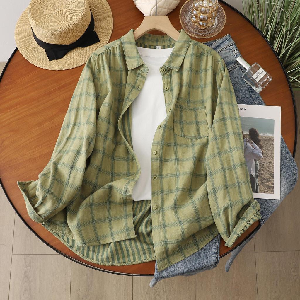 Women's Fresh Plaid Long Sleeve Shirt - Lightweight Sun Protection, Double Layer Cotton Gauze, Spring/Summer 2026.