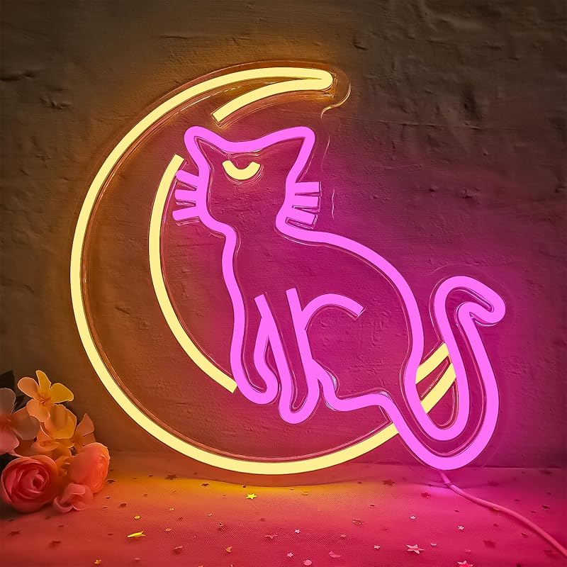 Japanese Anime Cat Neon Signs Dimmable Cartoon Luna Neon Lights Moon Cat Neon Light Sign Cute Led Signs for Bedroom Wall Girls Room Dorm Birthday