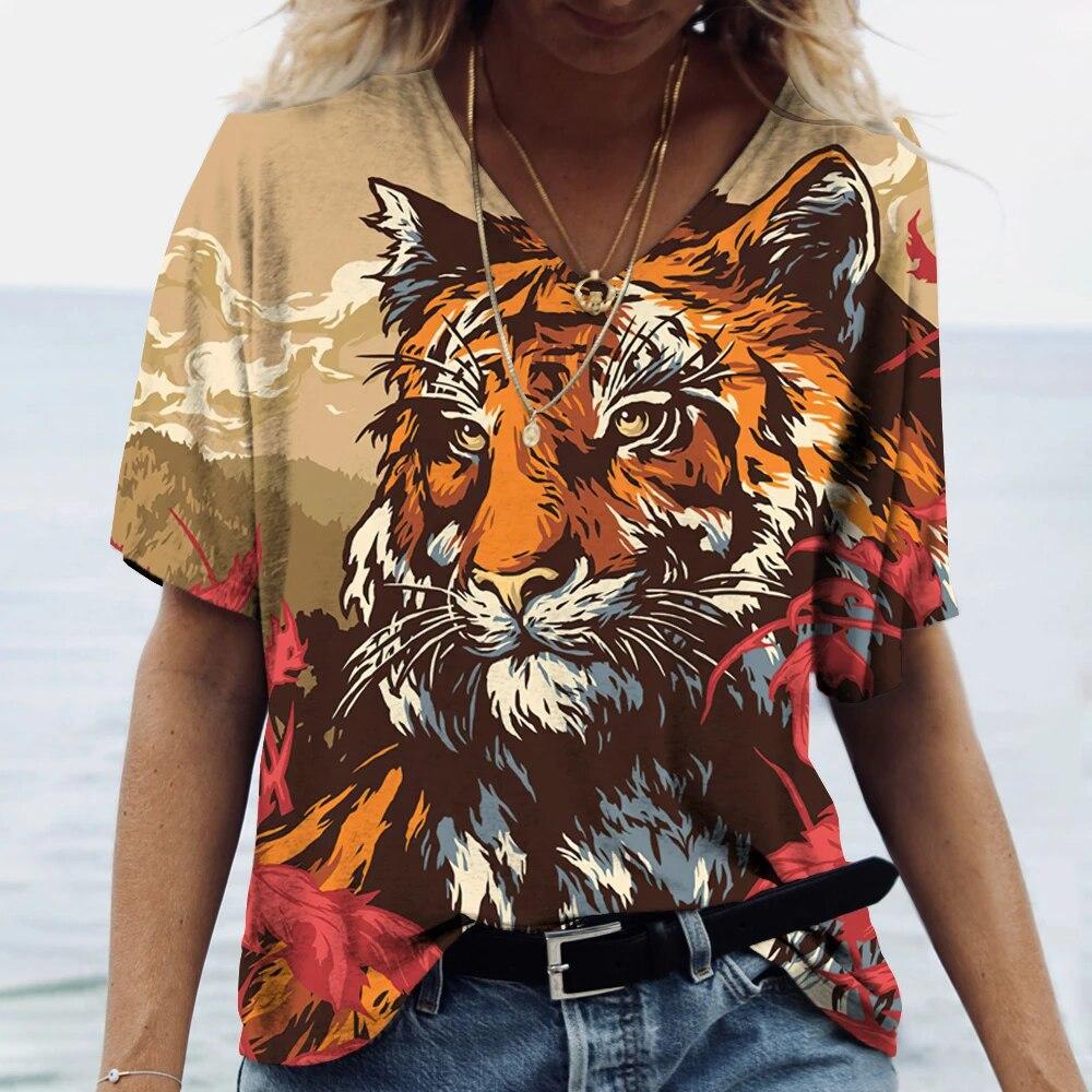 Summer V-neck 3D Animal Pattern Printed Top Fashionable Casual Short Sleeved Women's T-shirts