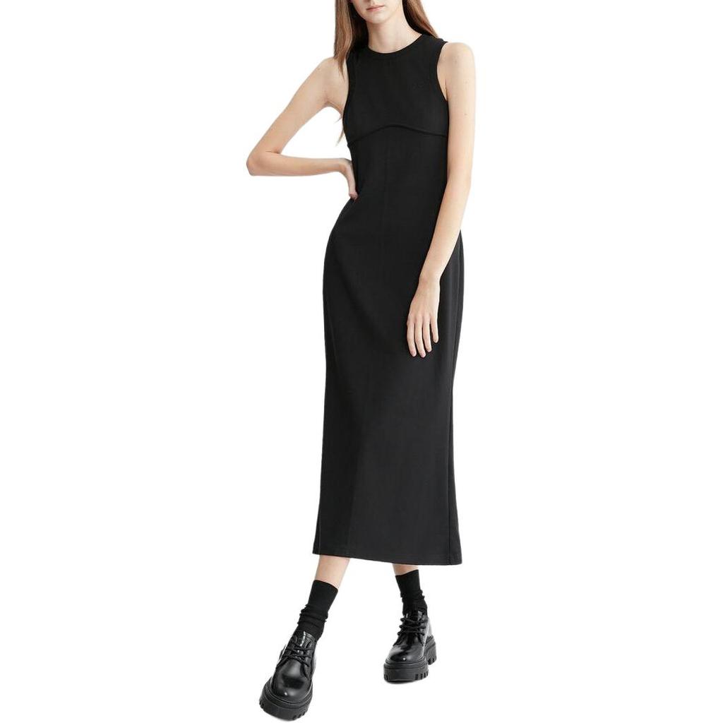 Calvin Klein Jeans Ss24 Solid Color Round Neck Slim Fit Split Sleeveless Dress Women Dresses Black J223343-BEH