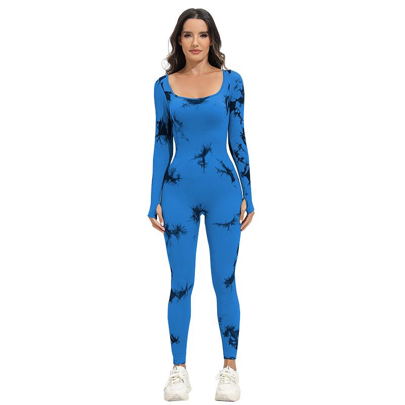 

Европейский и американский бесшовный комбинезон для йоги с квадратным вырезом и длинными рукавами в стиле тай-дай Large