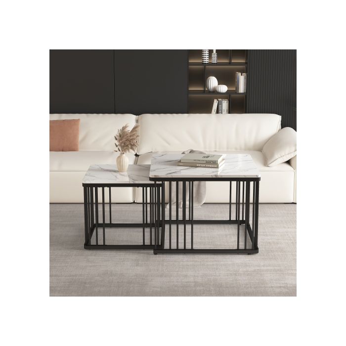 Table basse - MUVOE - Lot de 2 - Aspect marbre brillant - Réglable en hauteur - Design moderne