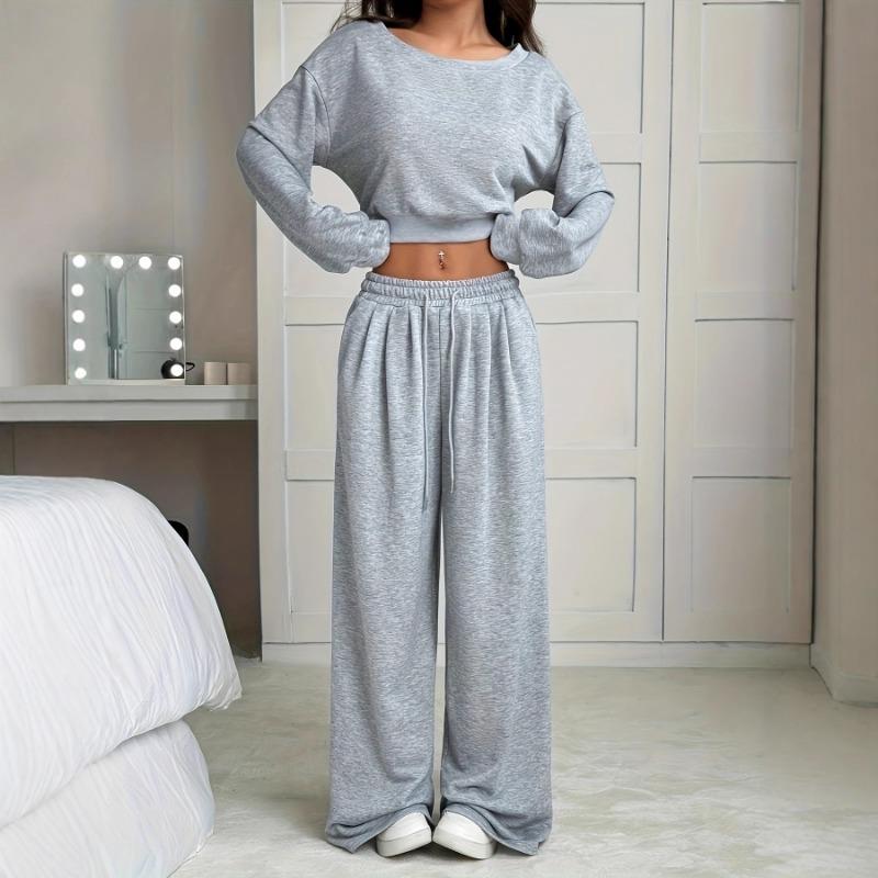 Spring Autumn Round Neck Solid Color Crop Top Women Elastic Waist Sports Sweatshirt Suit Female Sports Set