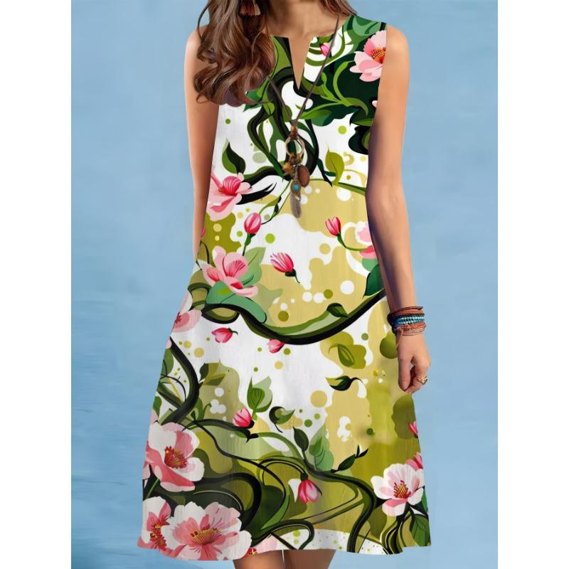 New Summer Beach Floral Print Dress For Women Casual Sexy Sleeveless V-neck Loose Mini Dress Elegant Short Dress Vestido